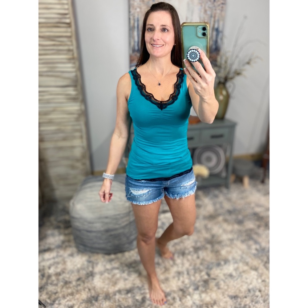 ❤️🔥Lace Ruched Bust Slimming Tank Teal 1916 - Picture 3 of 4